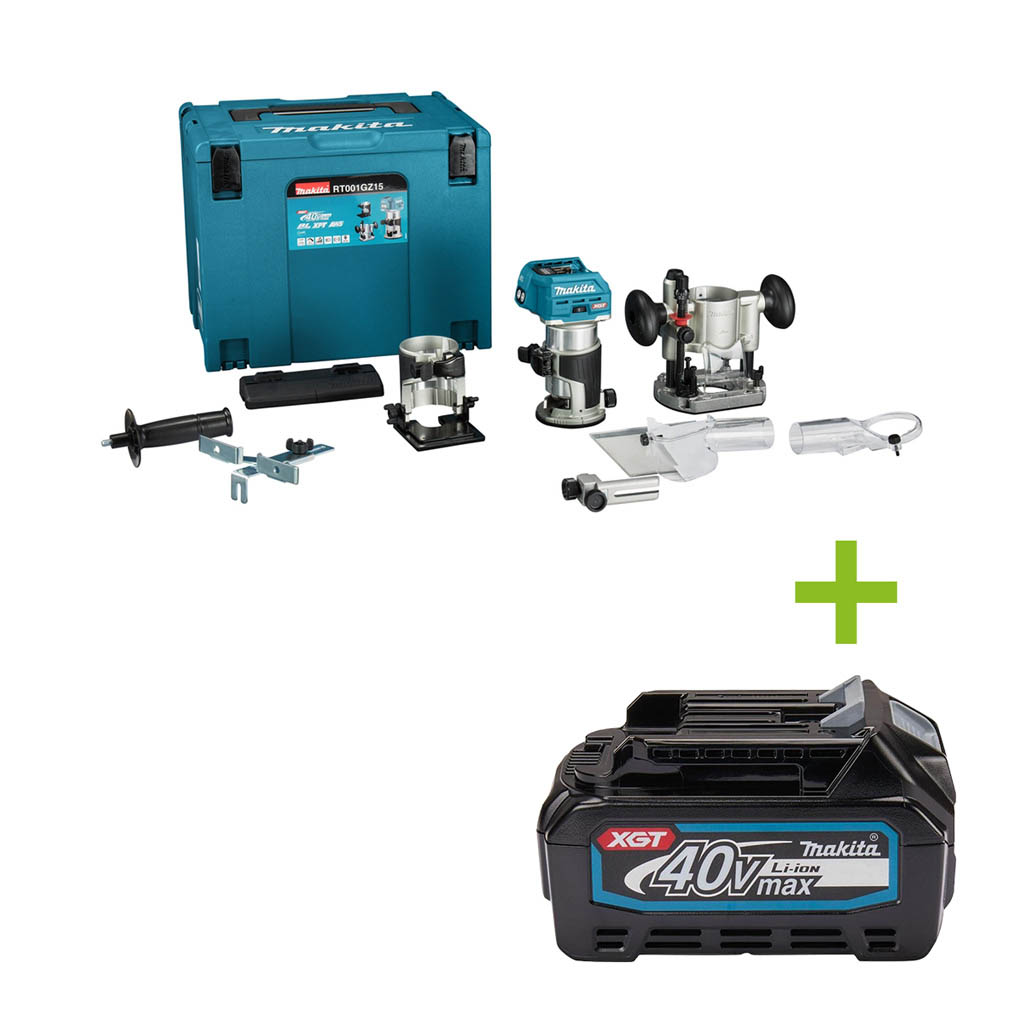 Makita RT001GZ15 Ober- und Kantenfräse 40V Max ohne Akkus und Ladegerät mit Zubehör und Führungsschienenadapter in MBox