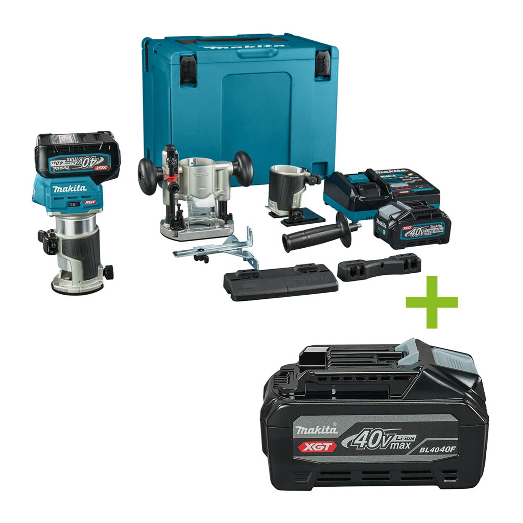 Makita RT001GM206 Ober- und Kantenfräse 40V Max 4.0Ah Li-Ion mit Zubehör und Führungsschienenadapter in MBox