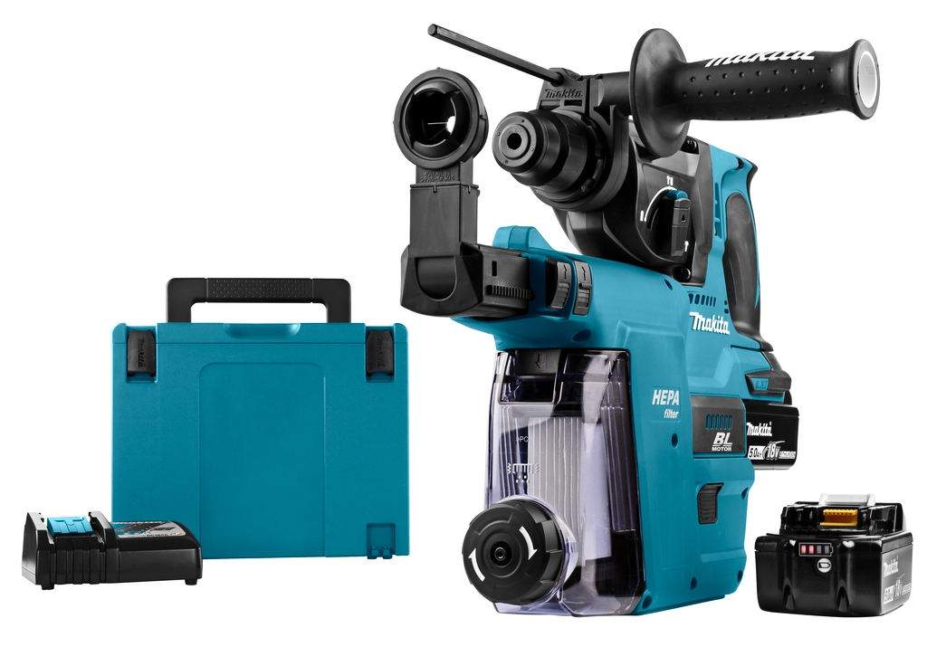 Makita DHR242RTJW Kombihammer 18 Volt 5.0 AH Li-ion + DX06 Einbauabsaugung mit Hepa-Filter
