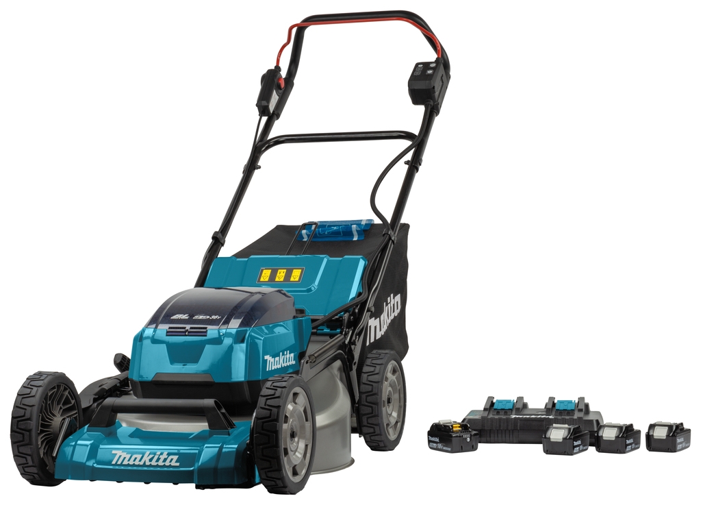Makita DLM530PT4 Schnurloser Rasenmäher 53 cm 2 x 18V mit 4 x 5.0Ah Li-Ion Akkus und Doppelladegerät