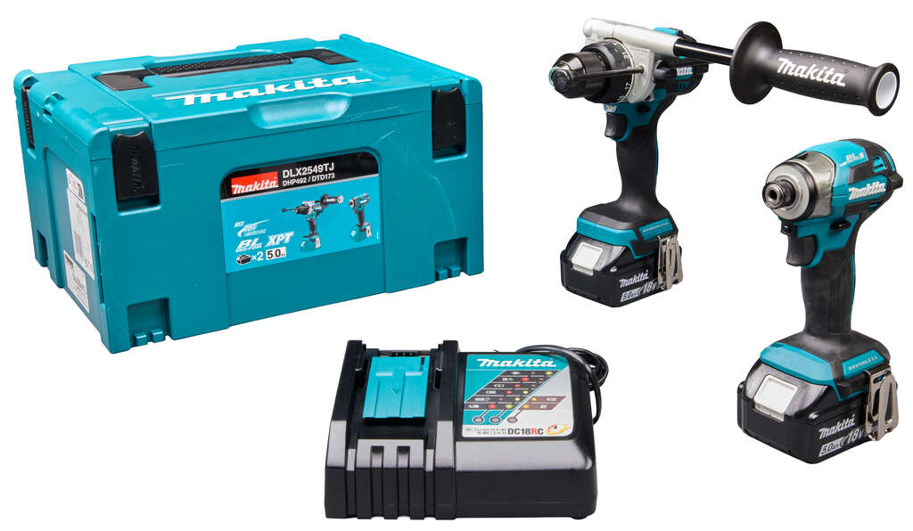 Makita DLX2549TJ LXT 18 V Kombiset mit Akku-Schlagbohr- und Schraubmaschinen, 2x 18 V 5,0 Ah-Akkus und Schnellladeger&auml;t in einer Mbox