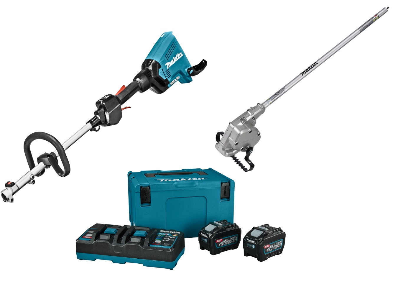 Makita DUX60T4NL1 Accu Combisystem D-Griff 2 x 18V + Aufsatz Unkrauthacke + Starter Set LXT DC18RD + 4x BL1850B
