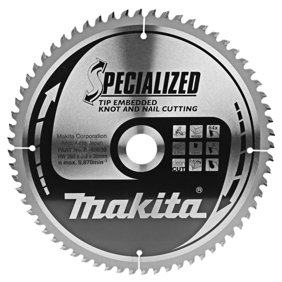 Makita Zubehör B-42391 Kappsägeblatt für Holz (astig/genagelt) Embedded Tip 260x30x2,3 64T 5g