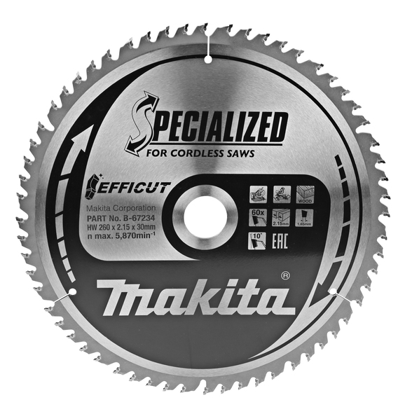 Makita Zubehör B-67290 Trennsägeblatt Efficut Wood 260x30x2,15 80T 10g