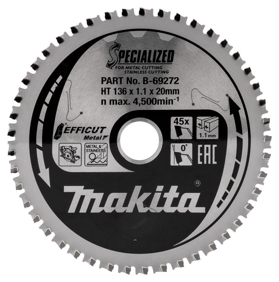 Makita Zubehör B-69319 Kreissägeblatt für rostfreien Stahl Efficut 136 x 20 x 1.1 45T