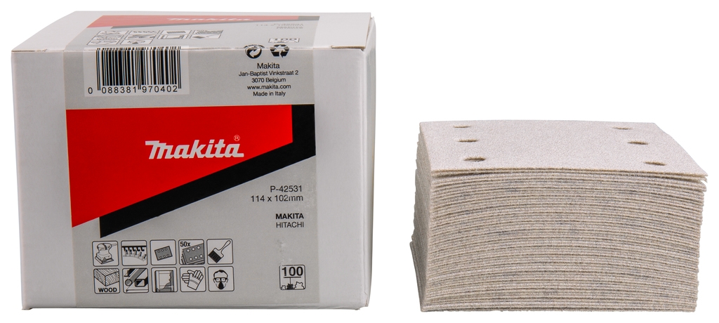 Makita Zubehör P-42531 Schuurvel 114x102 K100 Weißer Klettverschluss 50 Stück