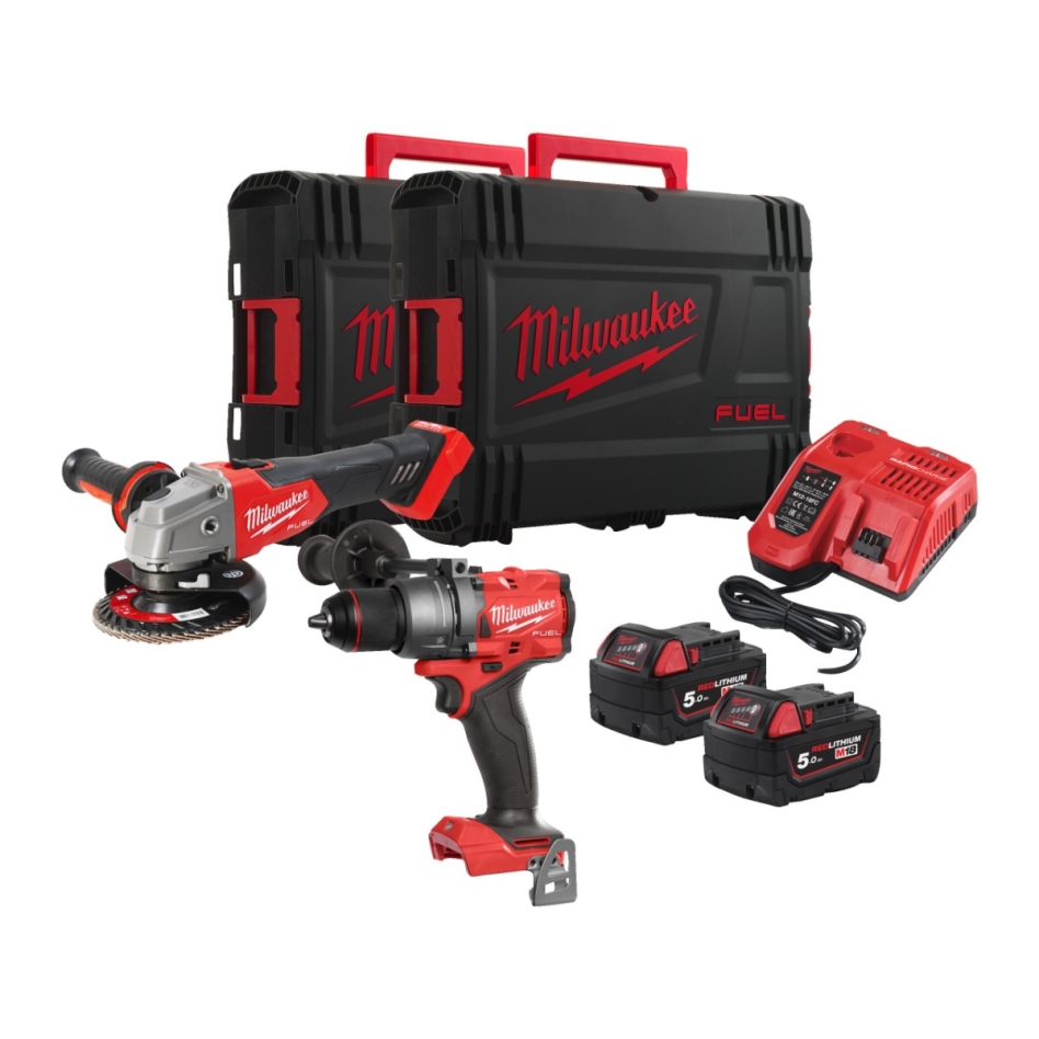 Milwaukee 4933492516 M18 FPP2E3-502X Kombi-Set - M18 FPD3 Akku-Bohrhammer + M18 FSAG125X Akku-Schleifer 18 V 5,0 Ah Li-Ion in HD-Box