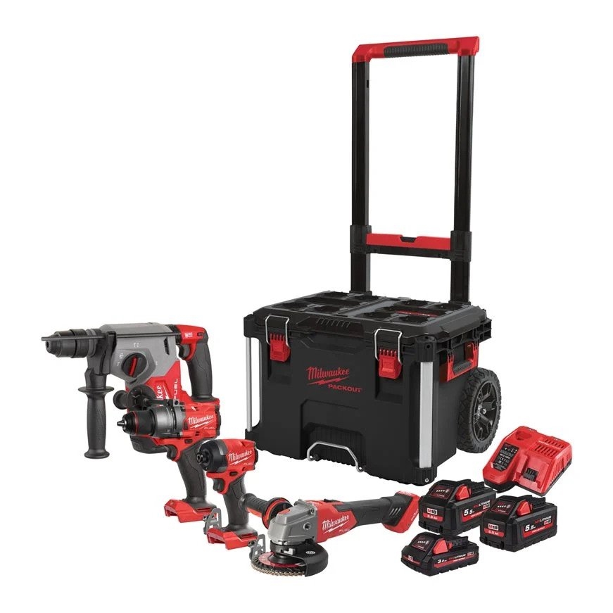 Milwaukee 4933492530 M18 FPP4E-555T Powerpack - 4 Maschinen 18V 1x3,0Ah/2x5,5Ah Li-Ion im Packout Trolley