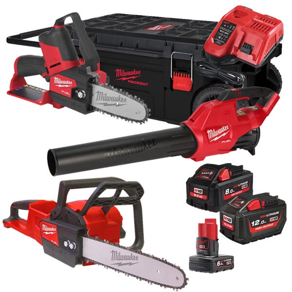 Milwaukee 4933492814 M18 FPP3OPL5-823P Comboset 12V 6Ah/18V 8,0/12Ah Li-Ion - M18 FCHS Kettensäge + M18 FBL Laubbläser + M12 FHS Astsäge 4933492814
