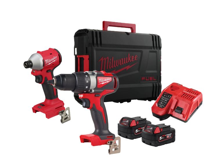 Milwaukee 4933492846 M18 BLPP2B3-502X Powerpack 18V 5.0Ah Li-Ion - M18BLDD2 Akkubohrmaschine + M18BLIDR Schlagschrauber