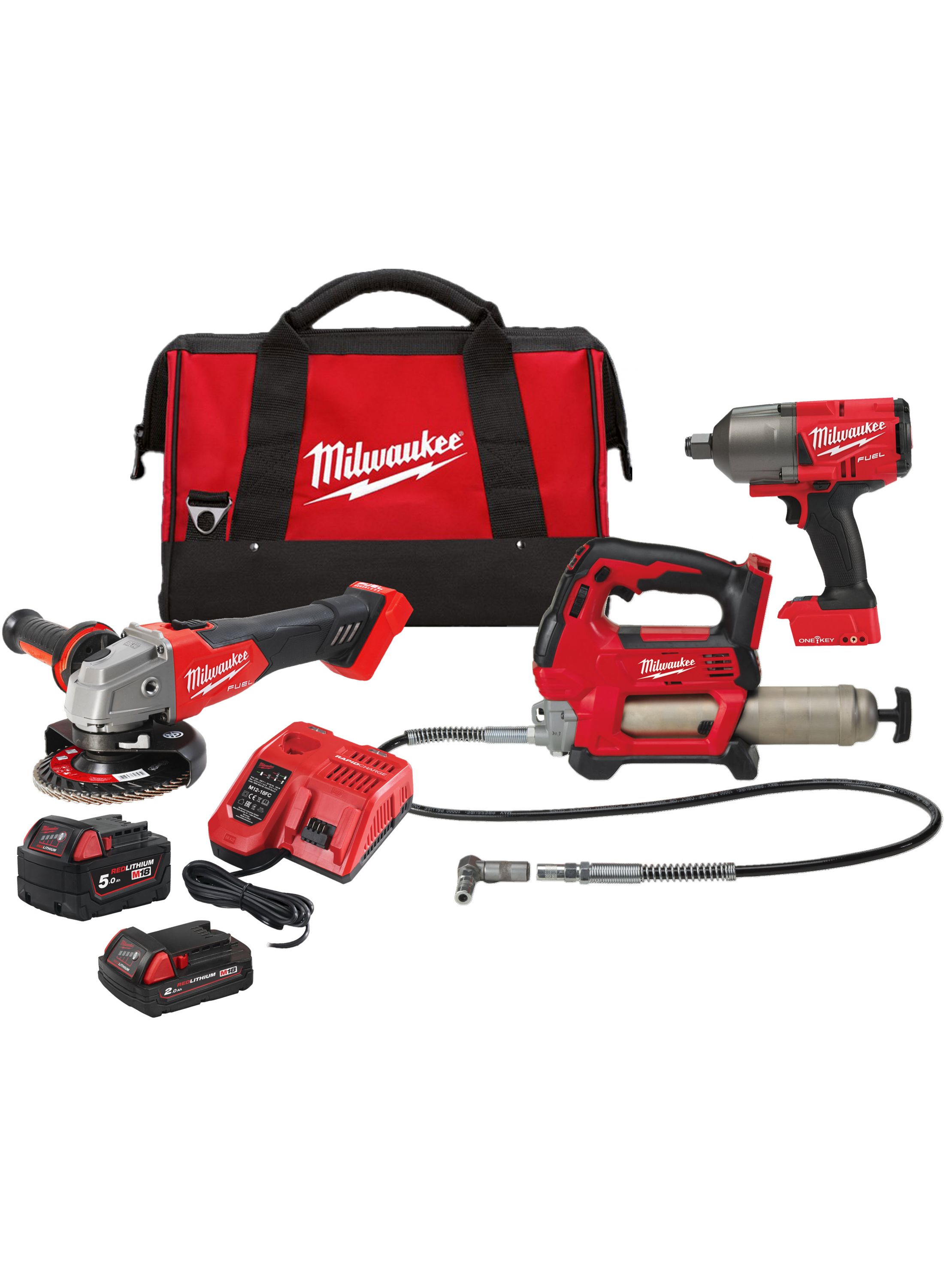 Milwaukee 4933498576 M18 FPP3AK-523B Comboset - 3 Maschinen 18V 2x5.0 / 1x2.0Ah Li-Ion in Tasche 4933498576