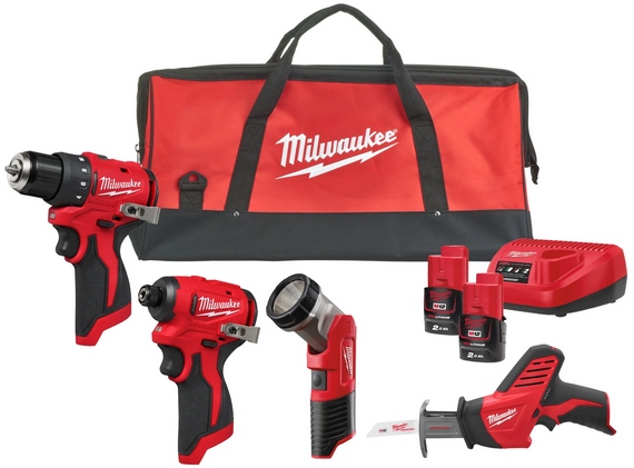 Milwaukee 4933499693 M12 BLPP4A Powerpack 4 Maschinen 2x 2.0Ah und Ladegerät in Contractor Tasche