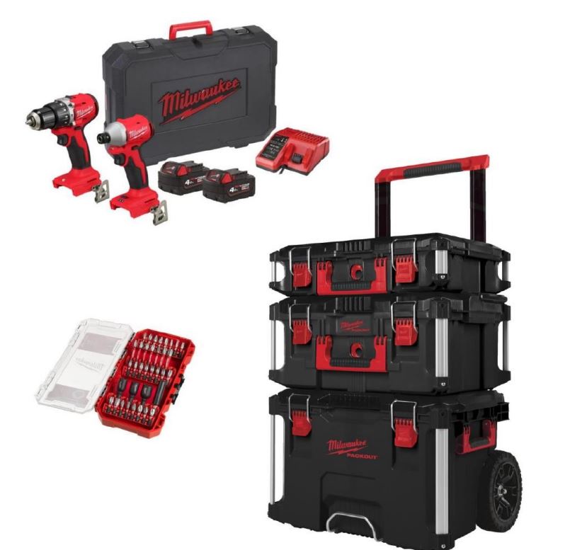 Milwaukee BlackFridayComboPack Dealset - M18 BLCPP2A-402C + PackOut Trolley Set + Impact Duty Bit Set