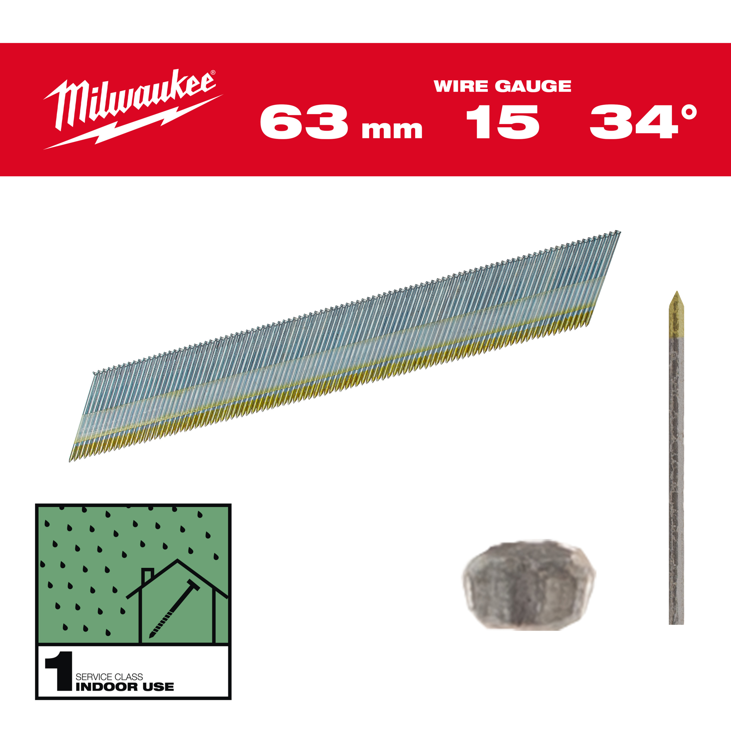 Milwaukee Zubehör 4932492578 Finishing Nägel, 15 Gauge, 34°, D Kopf 15G / 34° / 63 mm / G / SC1 - 2.200 Stück