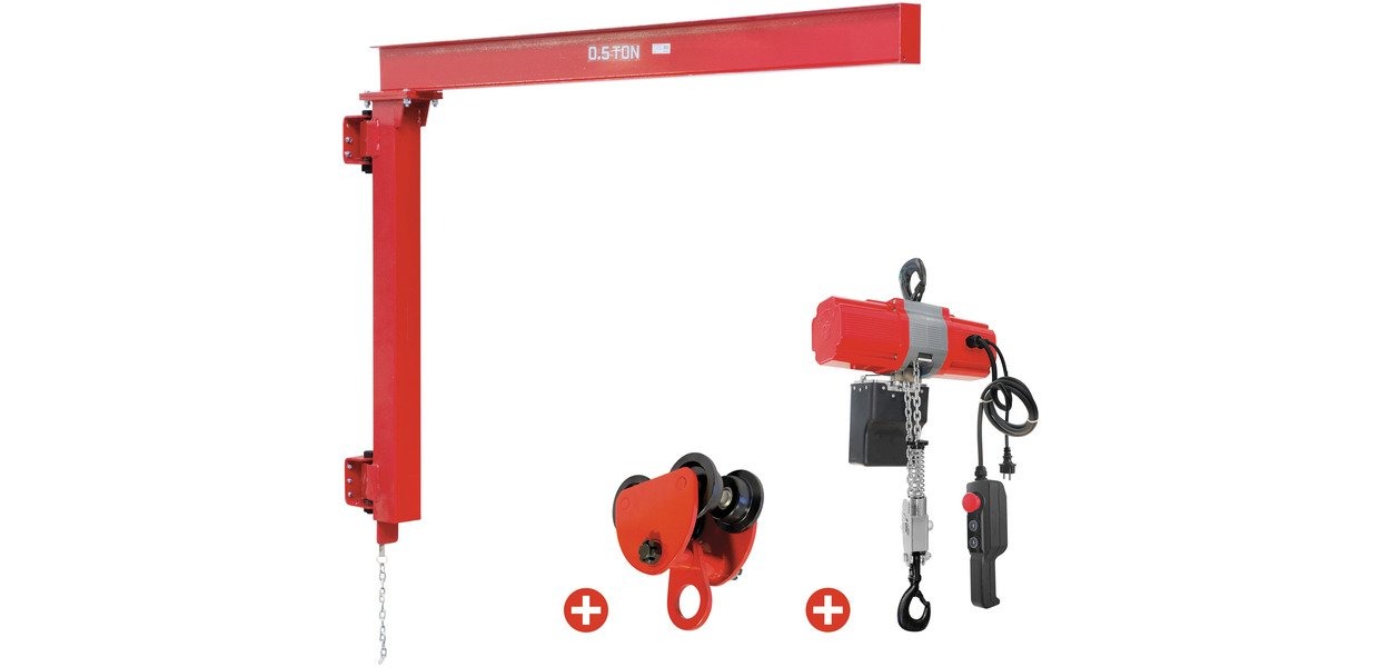 MW-Tools 729840199 PHM500SET2 Wandschwenkkran 500 kg inkl. Elektrokettenzug 6 m und Fahrwerk