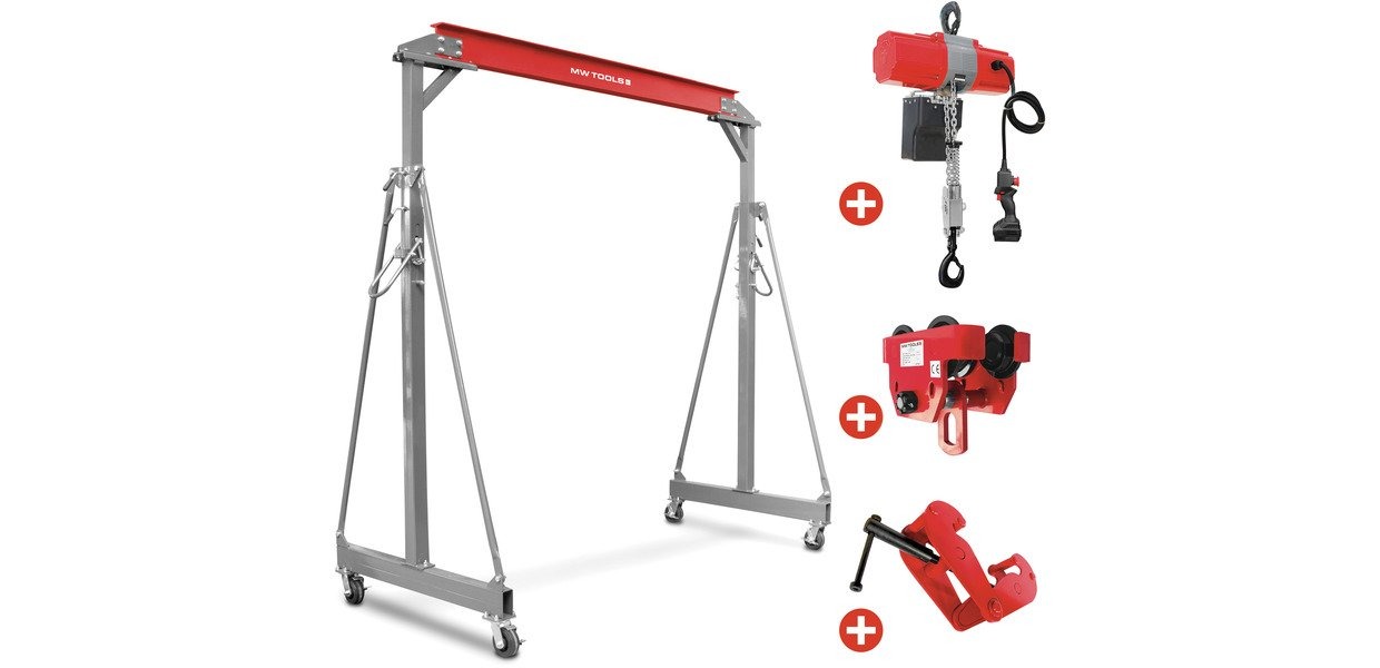 MW-Tools 7298400903 PTLK1-SETKTB Portalkran 1 Tonne & batteriebetriebener Kettenzug 36V inkl. Fahrwerk und Trägerklemme