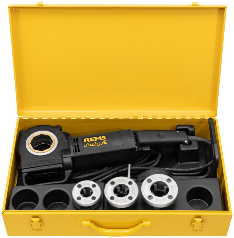 Rems 530014 R220 Amigo E Set M 20-25-32 Elektrisches Drahtschneideisen mit Schnellwechselschneidköpfen