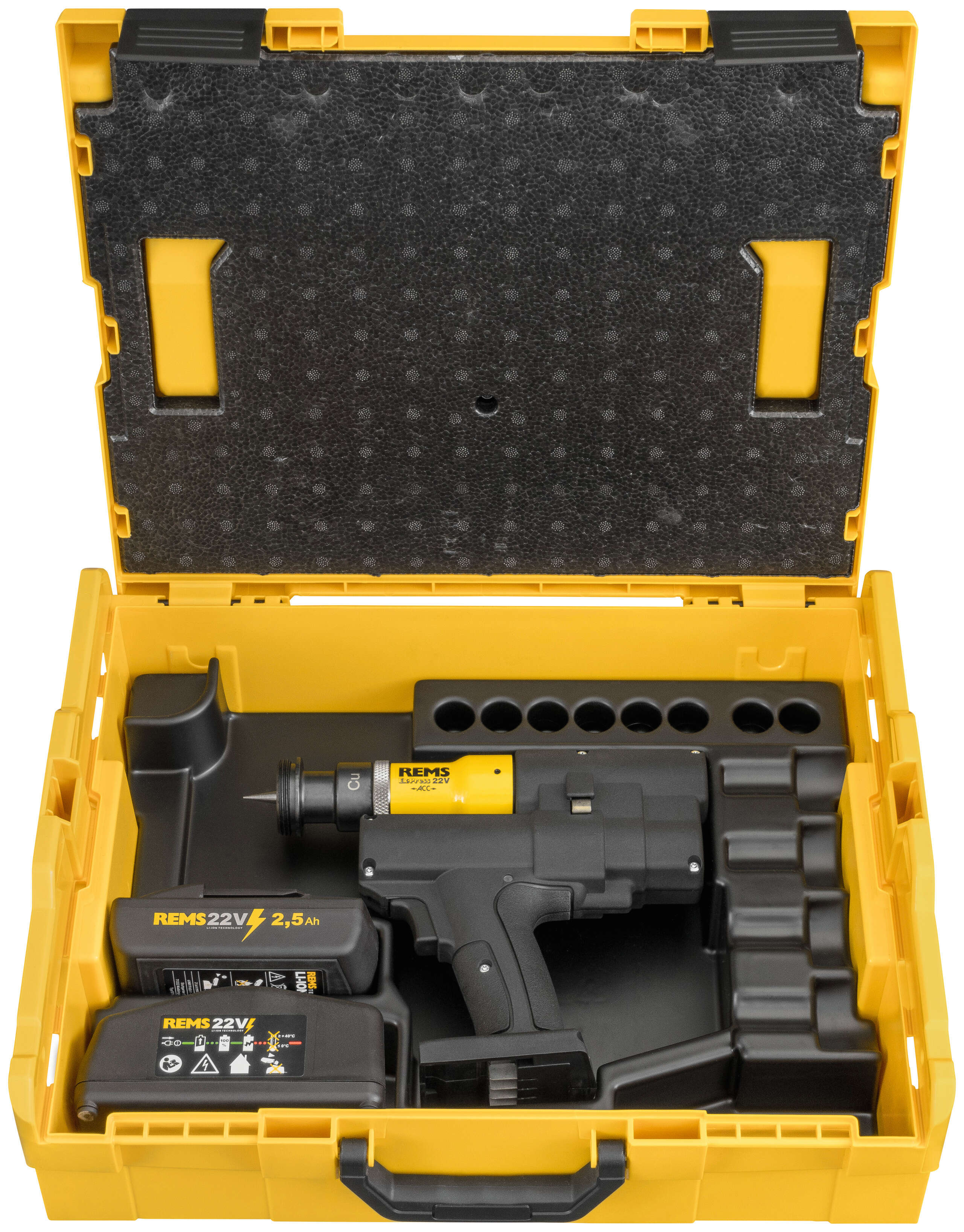 Rems 575030 R220 Ex-Press Cu 22V ACC Basic-Pack Akku-Rohrwalzmaschine mit 1 Akku (2,5 Ah) und Schnellladegerät in L-Boxx