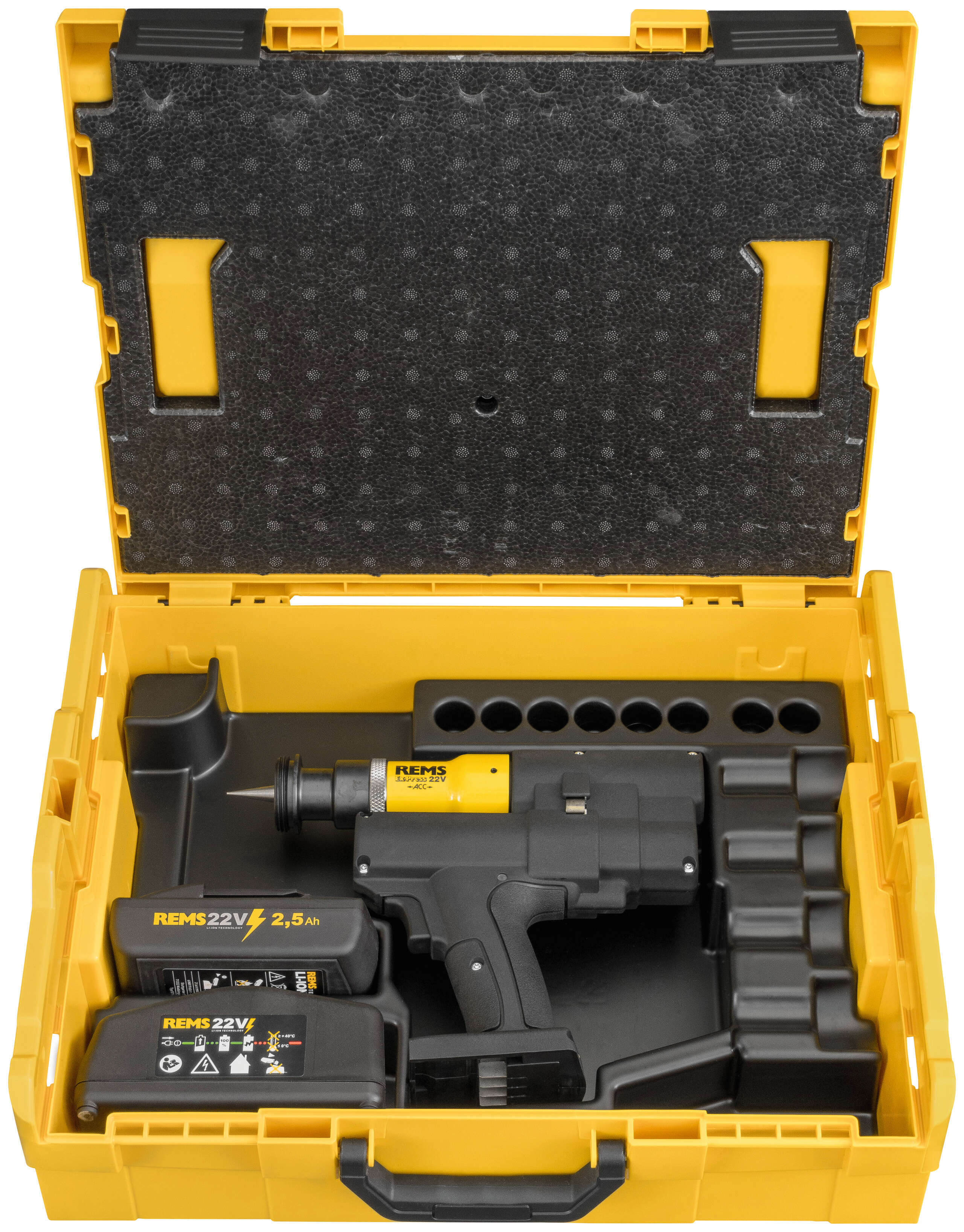 Rems 575032 R220 Ex-Press P 22V ACC Basic-Pack Akku-Rohrschleifmaschine mit 1x 22V 2,5-Ah-Akku und Schnellladegerät in L-Boxx