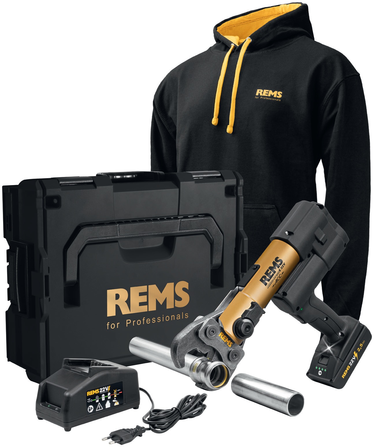 Rems 576X19 RG220 LIMITED EDITION Akku-Press E 22 V ACC Gold 2026 Accu-Press 1x 22V 2,5Ah Akku und Schnellladeger&auml;t in L-Boxx + REMS Hoody schwarz