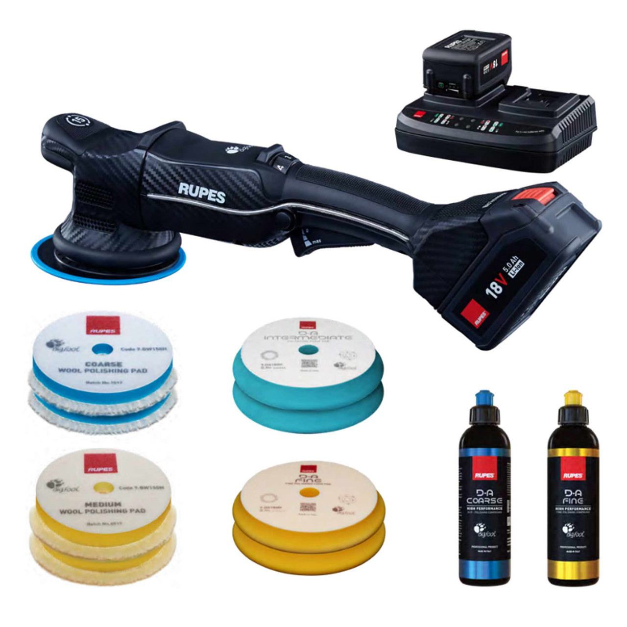 Rupes RU-HLR15/CB2/BAS iBrid Bigfoot Exzenterpolierer Set 125mm 18V 5.0Ah Li-Ion