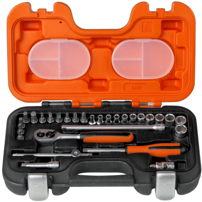 Bahco S290 1/4"-Steckschlüssel-Satz, metrisch, Sechskant, inklusive Umschaltknarre und Schraubendreher-Einsätzen – 53-teilig