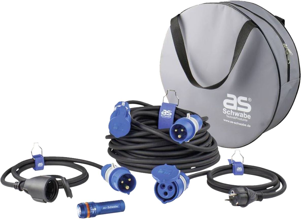 Schwabe 19705 Camping Set: Powerlight Verlängerungskabel H07RN-F 3G2,5 25m + Adapterkabel + Taschenlampe