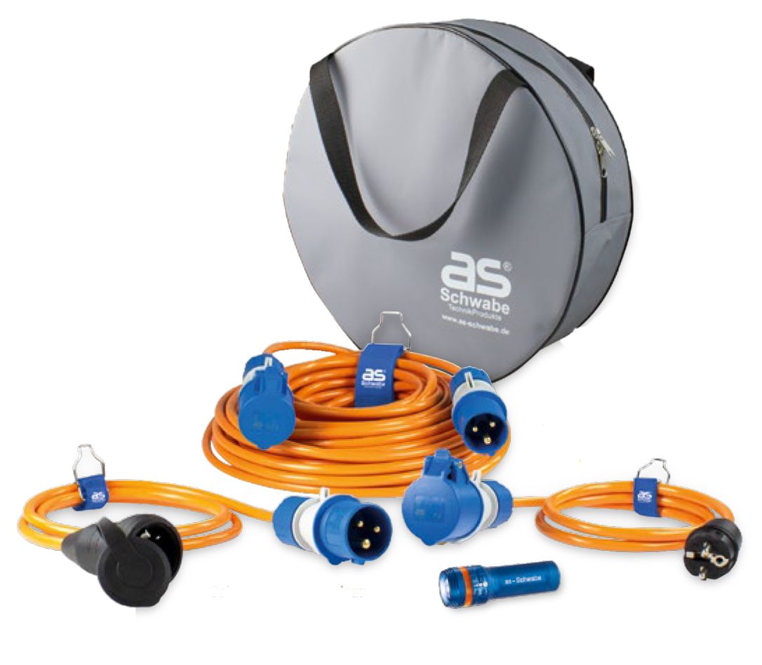 Schwabe 19706 Camping Set: Powerlight Verlängerungskabel H07BQ-F 3G2,5 25m + Adapterkabel + Taschenlampe