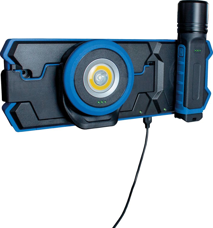 Schwabe 42832 INDU 3 Induktions-Ladestation 2x10W + Batterie LED-Flutlicht + LED-Taschenlampe