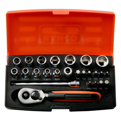 Bahco SL25 1/4"-Steckschlüssel-Satz, metrisch, Sechskant inklusive Schraubendreher-Bits mit Bithalter – 25-teilig