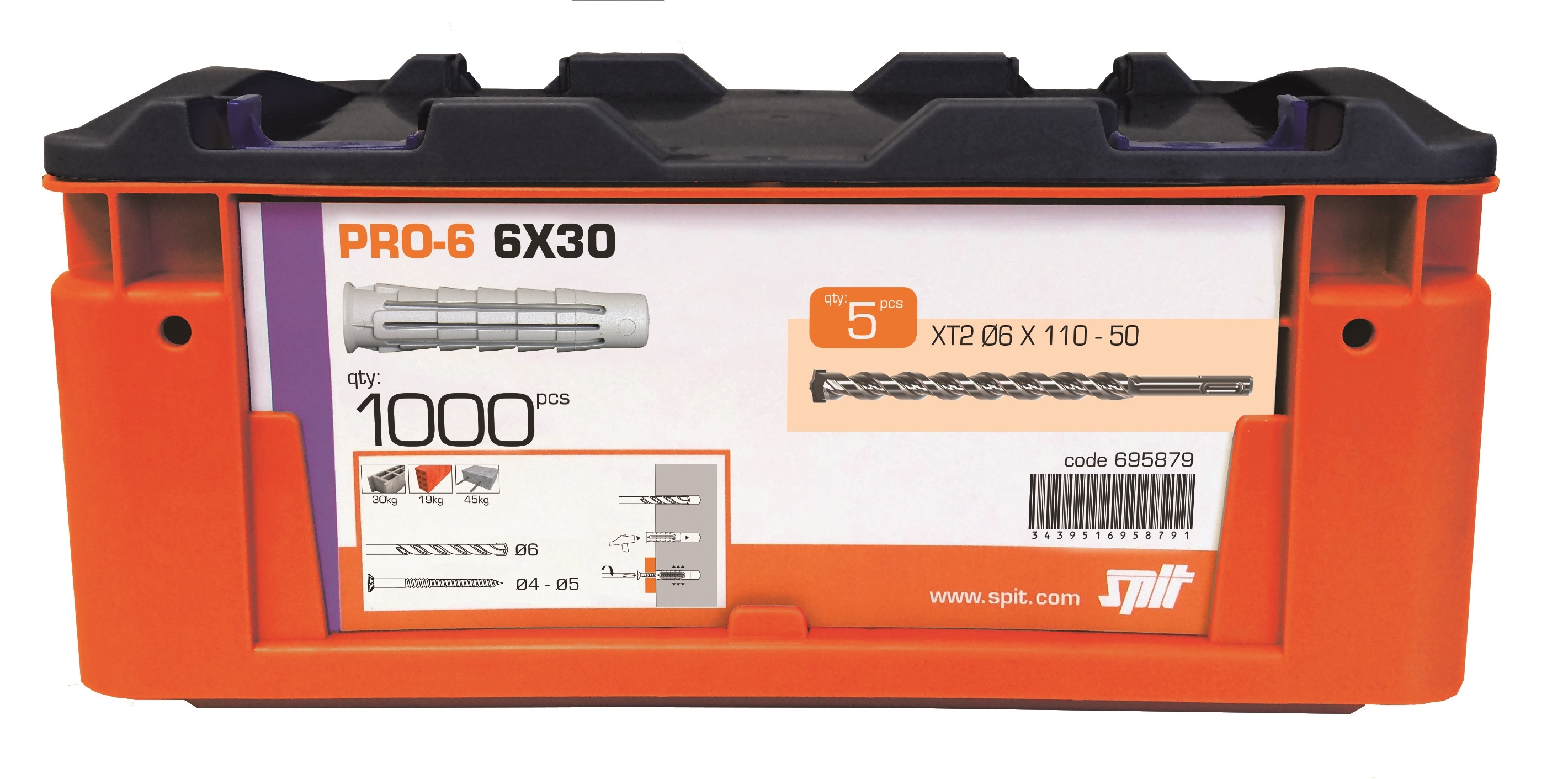 Spit Befestigung 695879 PRO6 6 x 30 Universalstecker 1000 Stück 5 Bohrer im Koffer