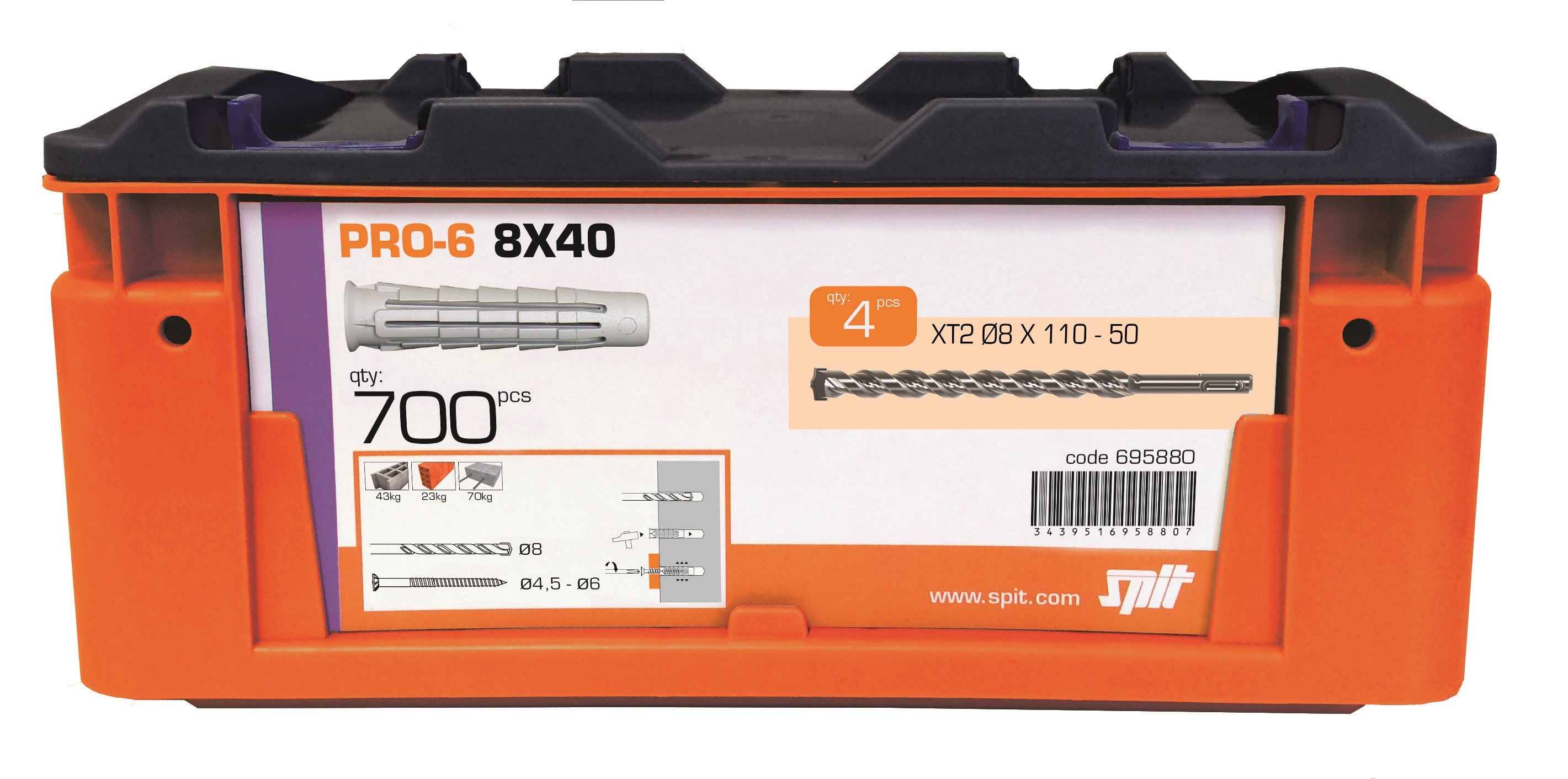 Spit Befestigung 695880 PRO6 8 x 40 Universalstecker 700 Stück 4 Bohrer im Koffer