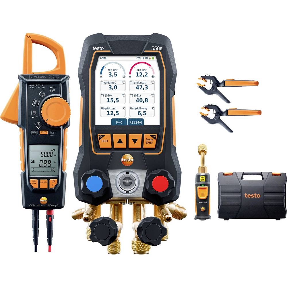 Testo 0564 5584 558s - Intelligentes Vakuumset Digitaler Verteiler mit Stromzange und kabellosen Temperatur- und Vakuumfühlern